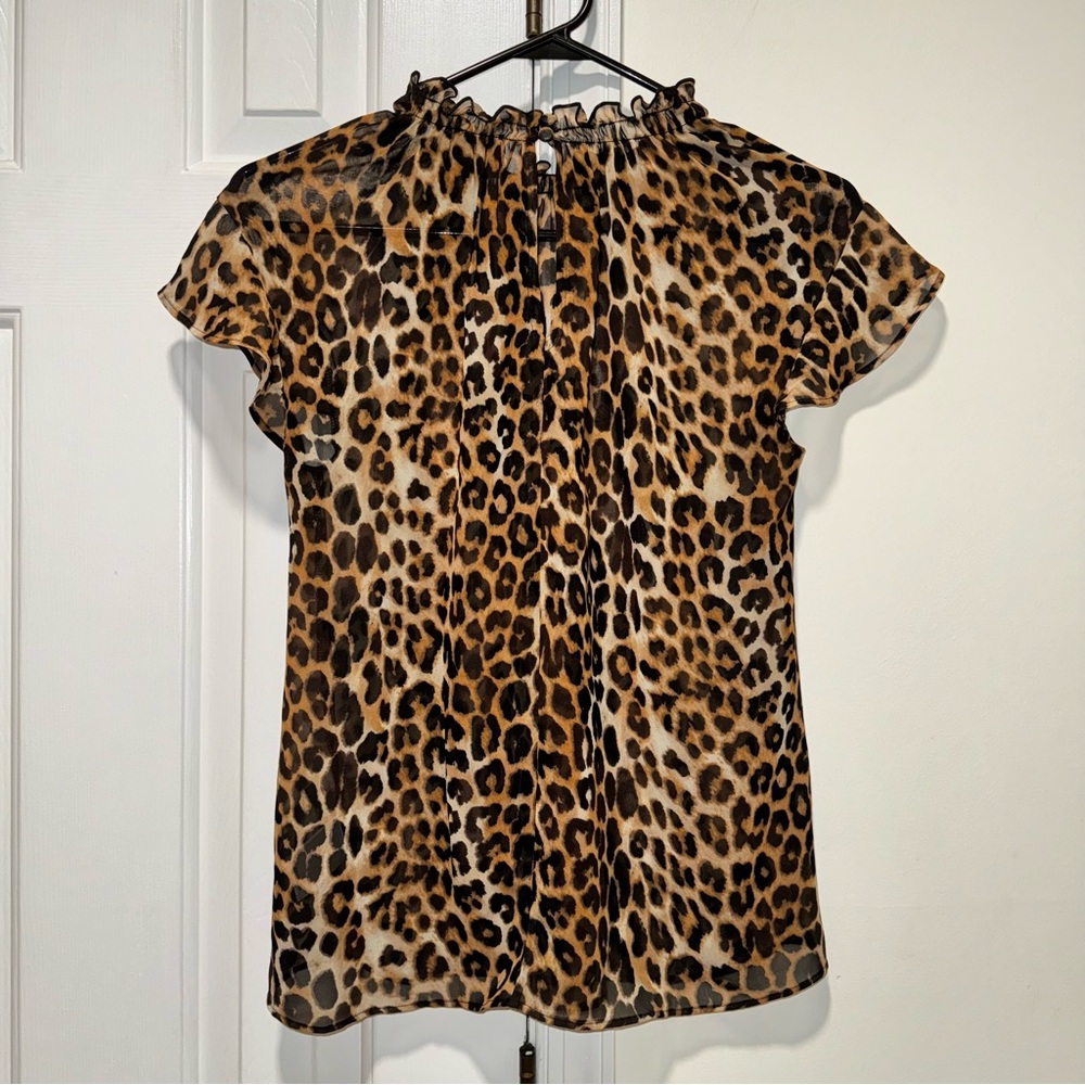 Express mock neck sheer leopard print short sleeve blouse top brown black S - Picture 11 of 16
